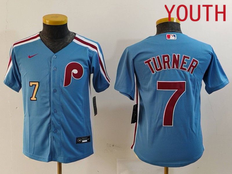 Youth Philadelphia Phillies #7 Turner Blue Throwback 2024 Nike MLB Jersey style 2->youth mlb jersey->Youth Jersey